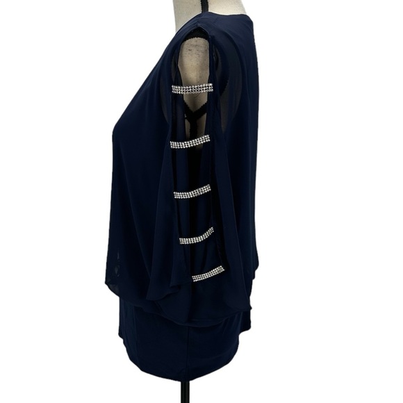MSK Short Sheer Cut Out Bejeweled Sleeve Blouse - Navy Blue - size PLarge - Picture 4 of 11